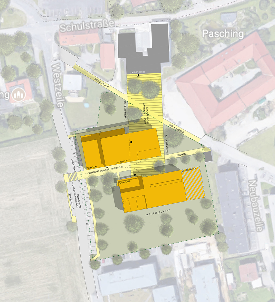 Volksschule Kindergarten Krabbelstube Pasching Ankauf Wettbewerb Architektur Karrer Oehlinger 